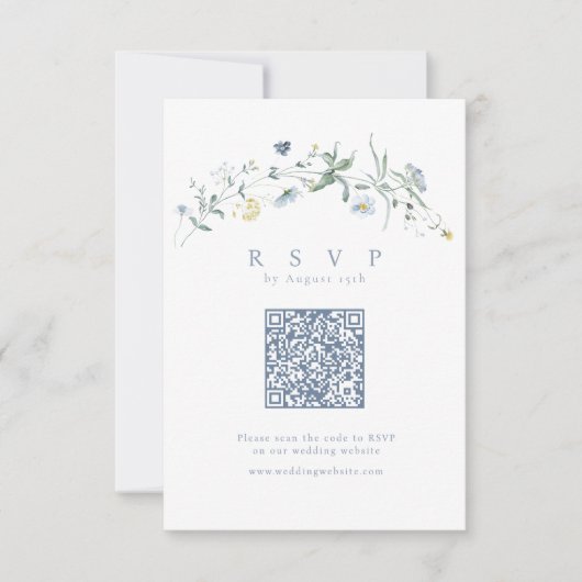 Elegant Dusty Blue Wildflower Rustic Boho QR code RSVP Kaartje (Voorkant)