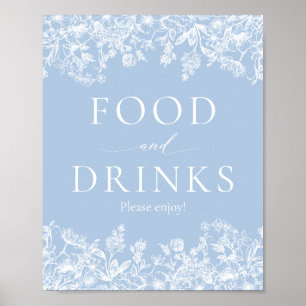Elegant Dusty Blue Wilfloral Eten en Drinken Teken Poster