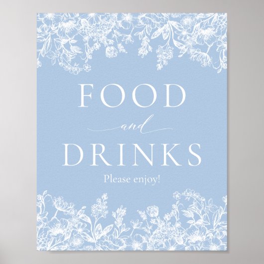 Elegant Dusty Blue Wilfloral Eten en Drinken Teken Poster (Voorkant)