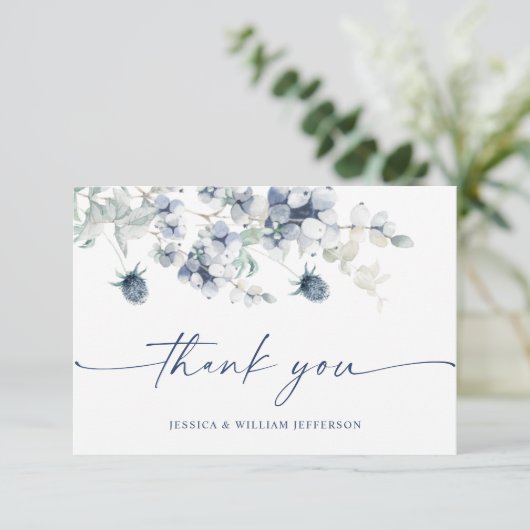 Elegant Dusty Blue Winter Foliage Boho Waterverf Bedankkaart (Staand voorkant)