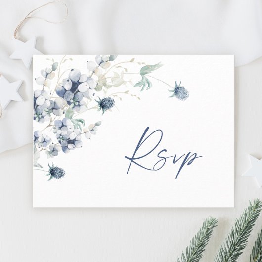 Elegant Dusty Blue Winter Foliage Waterverf RSVP Briefkaart