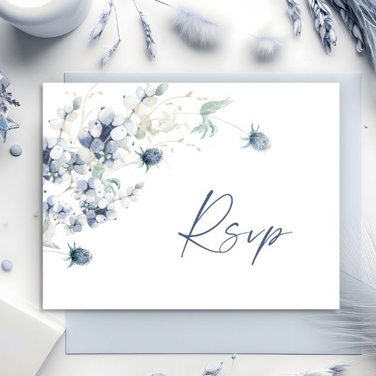 Elegant Dusty Blue Winter Foliage Waterverf RSVP Briefkaart