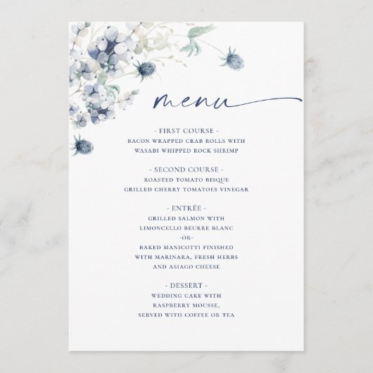 Elegant Dusty Blue Winter Foliage Wedding Menu (Voorkant)