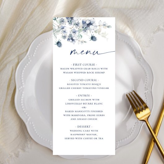 Elegant Dusty Blue Winter Foliage Wedding Menu