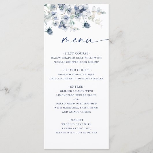 Elegant Dusty Blue Winter Foliage Wedding Menu (Voorkant)
