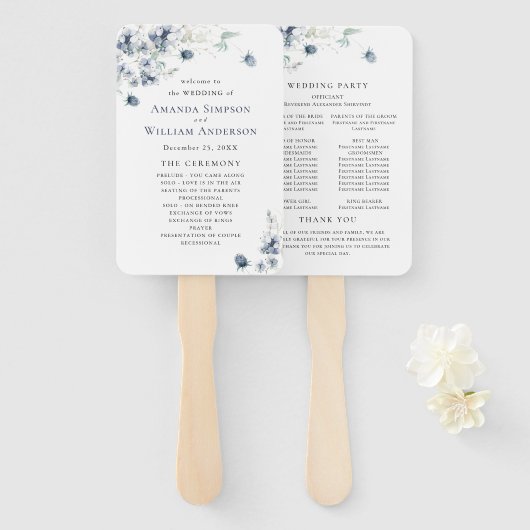 Elegant Dusty Blue Winter Foliage Wedding Programm Handwaaier (Voorkant en achterkant)