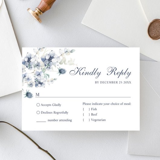 Elegant Dusty Blue Winter Foliage Wedding RSVP Kaartje