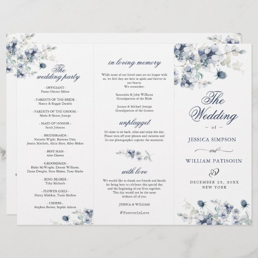 Elegant Dusty Blue Winter Wedding Ceremony Program (Voorkant / Achterkant)