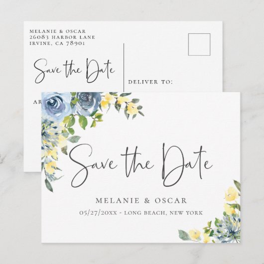 Elegant Dusty Blue Yellow Floral Sla de datum op Aankondigingskaart (Voorkant / Achterkant)