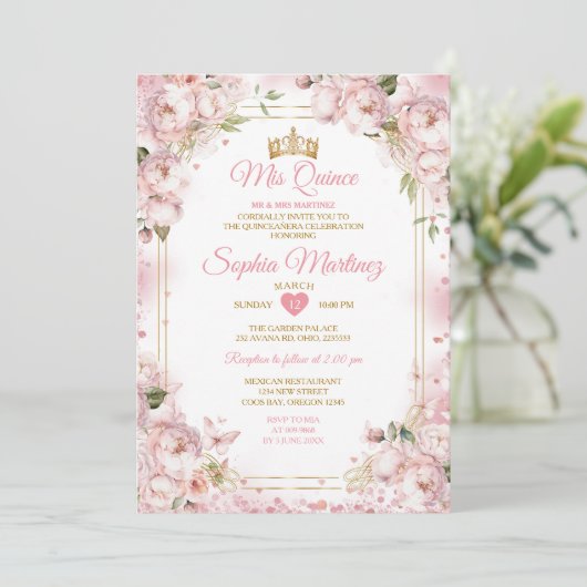 Elegant Dusty Blush Roze Bloemen Goud Mis Quince Kaart (Staand voorkant)