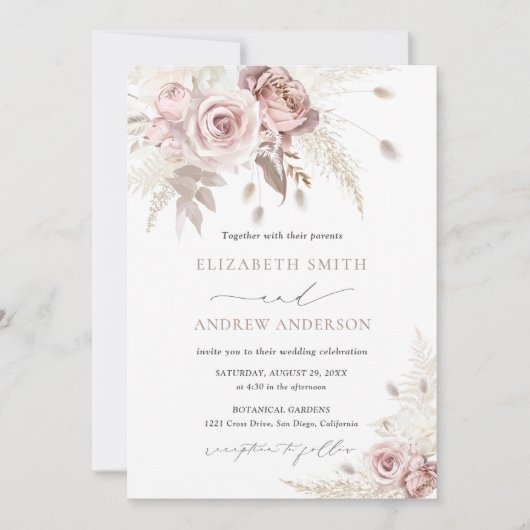 Elegant Dusty Boho en Roos Bloemenbruiloft Kaart (Voorkant)