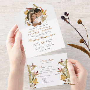 Elegant Dusty Brown Autumn Foliage Fall Wedding All In One Uitnodiging