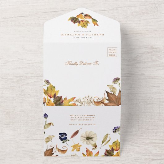 Elegant Dusty Brown Autumn Foliage Fall Wedding All In One Uitnodiging (Buitenkant)