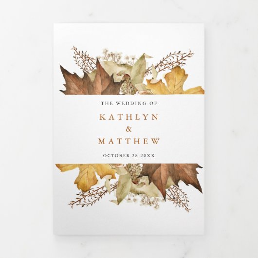 Elegant Dusty Brown Autumn Foliage Fall Wedding Drieluik Uitnodiging (Cover)