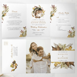 Elegant Dusty Brown Autumn Foliage Fall Wedding Drieluik Uitnodiging