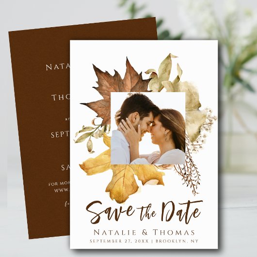 Elegant Dusty Brown Autumn Foliage Fall Wedding Save The Date