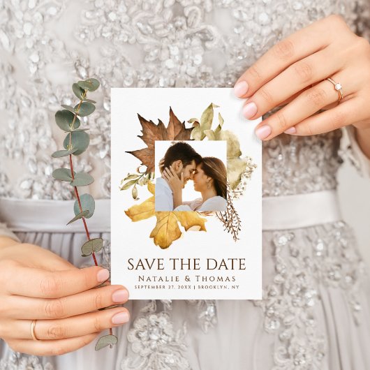 Elegant Dusty Brown Autumn Foliage Fall Wedding Save The Date