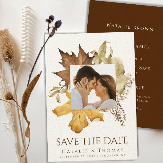 Elegant Dusty Brown Autumn Foliage Fall Wedding Save The Date