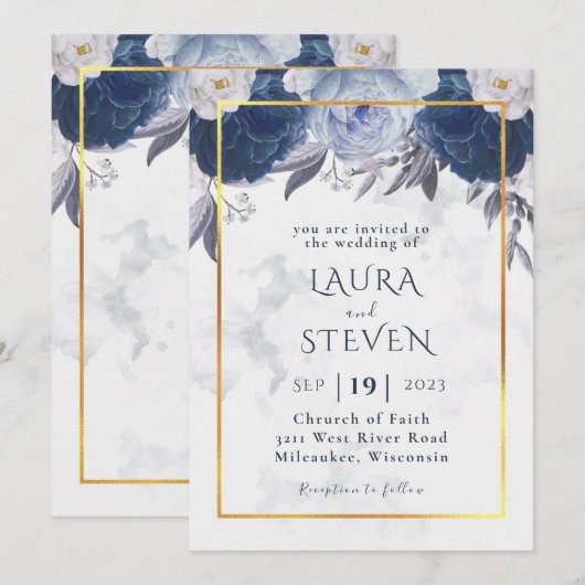 Elegant Dusty Gray Blue Floral Wedding Invitation Kaart (Voorkant / Achterkant)