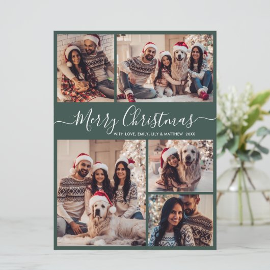 Elegant Dusty Green 5 Fotocollage Kerstmis Feestdagenkaart (Staand voorkant)