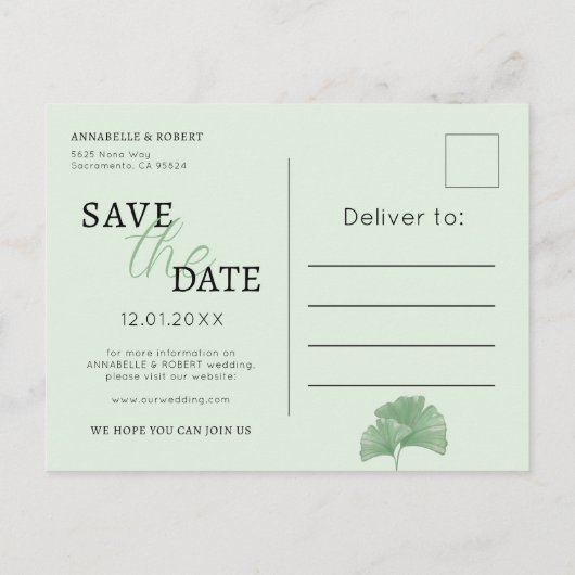 Elegant Dusty Green Ginkgo Floral Save the Date Uitnodiging Briefkaart (Achterkant)