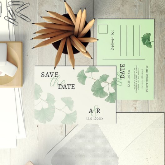Elegant Dusty Green Ginkgo Floral Save the Date Uitnodiging Briefkaart