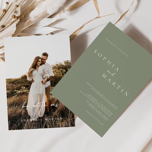 Elegant Dusty Green Script Photo Classic Wedding Kaart