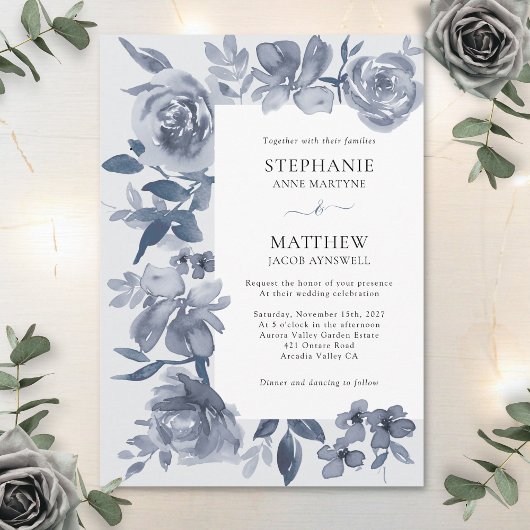 Elegant Dusty Grey Waterverf Floral Wedding Kaart