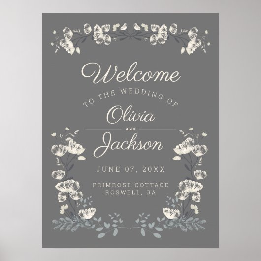 Elegant dusty Grey & White floral bruiloft welkom Poster (Voorkant)