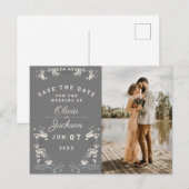 Elegant dusty grijs & witte floral save the date briefkaart (Voorkant / Achterkant)