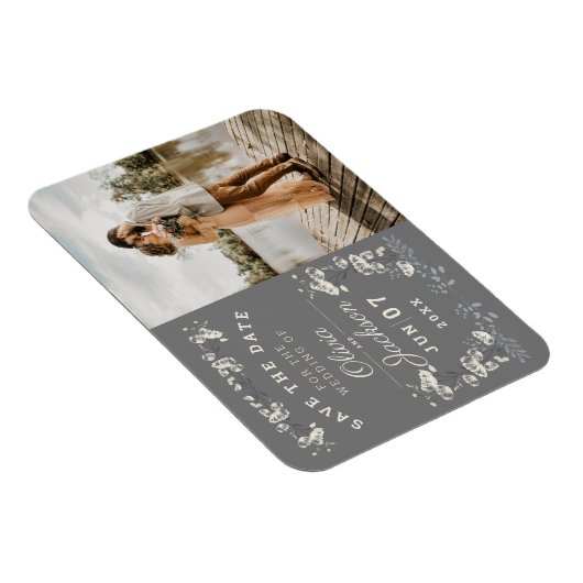 Elegant dusty grijs & witte floral save the date i magneet (Rechterzijde)