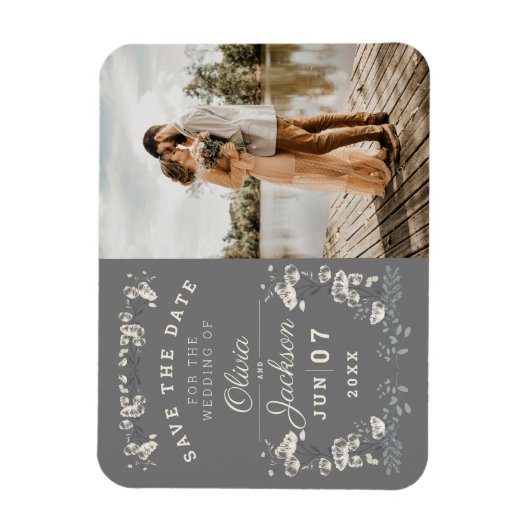 Elegant dusty grijs & witte floral save the date i magneet (Verticaal)