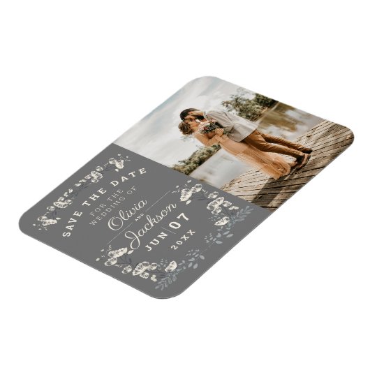 Elegant dusty grijs & witte floral save the date i magneet (Linkerzijde)