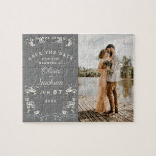 Elegant dusty grijs & witte floral save the date legpuzzel