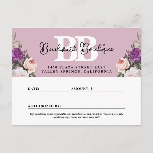 Elegant Dusty Mauve Floral Cadeaubon Kaart (Achterkant)