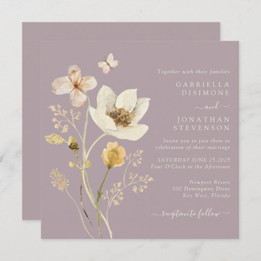 Elegant Dusty Mauve Waterverf Wildflower Weddensch Kaart (Voorkant / Achterkant)