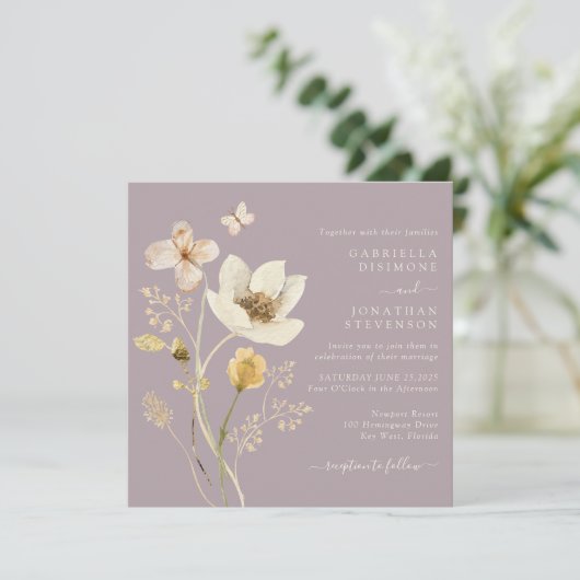 Elegant Dusty Mauve Waterverf Wildflower Weddensch Kaart (Staand voorkant)