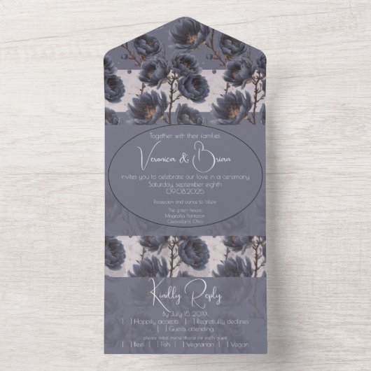 Elegant Dusty Navy Blue bruiloft Bloemen All In One Uitnodiging (Binnen)