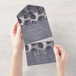 Elegant Dusty Navy Blue bruiloft Bloemen All In One Uitnodiging