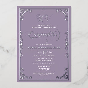 Elegant Dusty Paars Lavender Quinceañera Silver Folie Uitnodiging