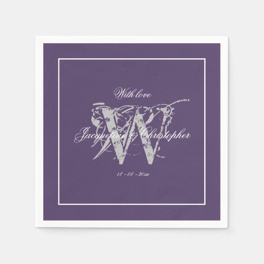 Elegant Dusty Paarse Monogram Names Wedding Paper Servet (Voorkant)