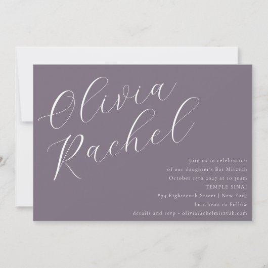 Elegant Dusty Paarse Script Minimal Bat Mitzvah Kaart (Voorkant)
