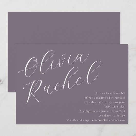 Elegant Dusty Paarse Script Minimal Bat Mitzvah Kaart (Voorkant / Achterkant)