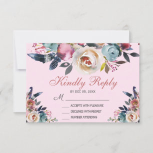 Elegant Dusty Pink Blue Floral Wedding RSVP