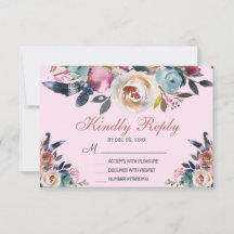 Elegant Dusty Pink Blue Floral Wedding RSVP