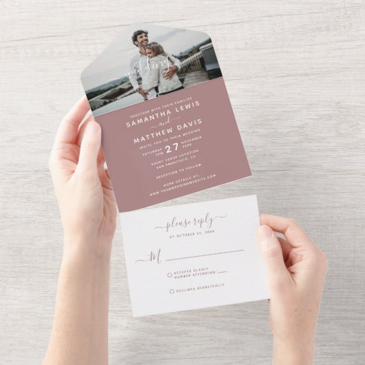 Elegant Dusty Pink Calligraphy Photo Wedding All In One Uitnodiging (Afscheurbaar)