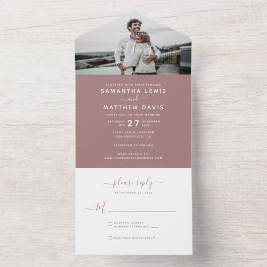Elegant Dusty Pink Calligraphy Photo Wedding All In One Uitnodiging (Binnen)