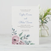 Elegant Dusty Pink en Blue Floral Green Wedding Kaart (Staand voorkant)