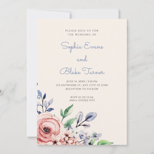 Elegant Dusty Pink en Blue Floral Yellow Wedding Kaart (Voorkant)