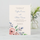 Elegant Dusty Pink en Blue Floral Yellow Wedding Kaart (Staand voorkant)
